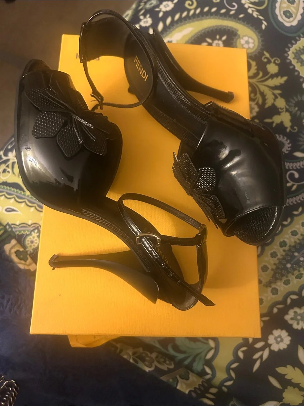Fendi Black Patent Leather Floral Ankle-Strap Heels